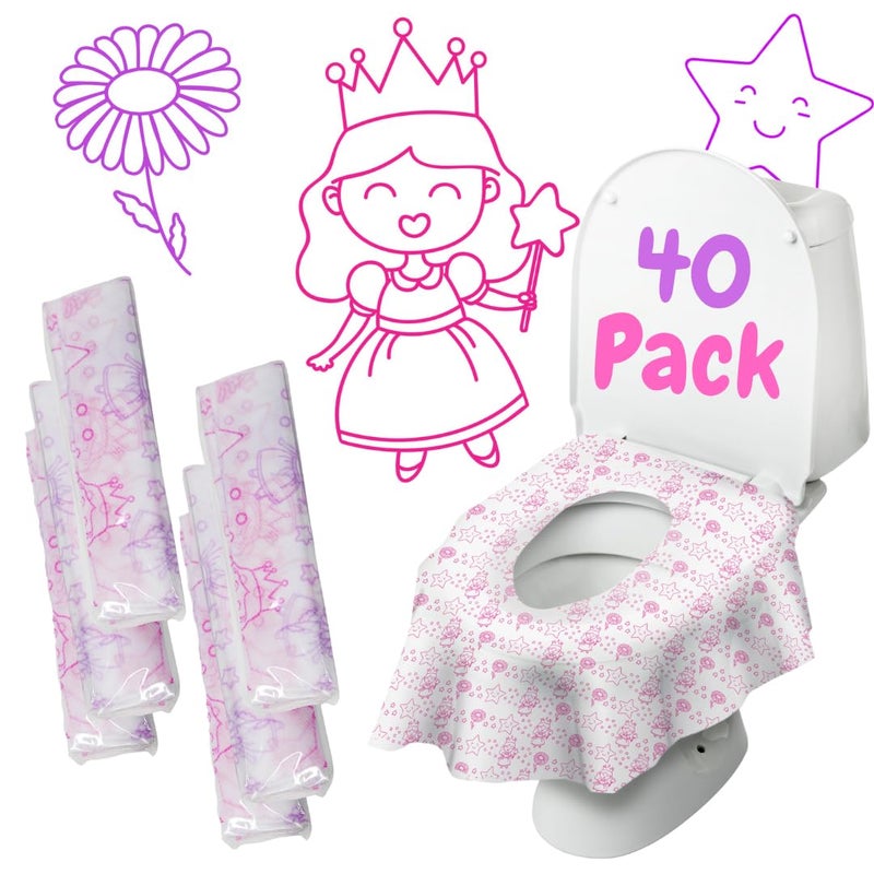 Cadily Princess Disposable Toilet Seat Cover for Kids, 40 pack, Extra Large, Waterproof and Individually Wrapped, Travel Toilet Seat Covers, Disposable Potty Liners for Toddlers Potty Training and Travel - Image 1